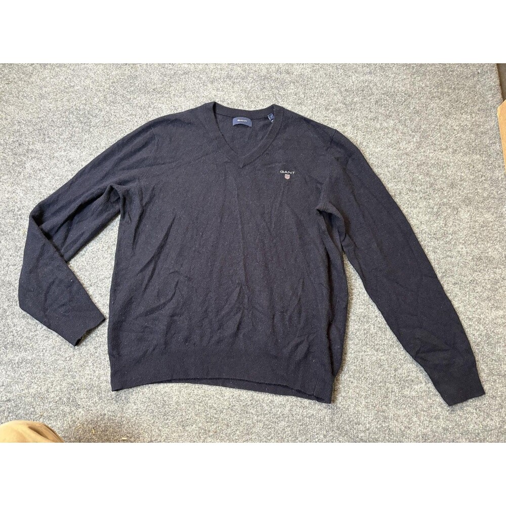 GANT Sweater Mens L Blue Wool V-Neck Lightweight Knit Pullover Long Sleeve Logo